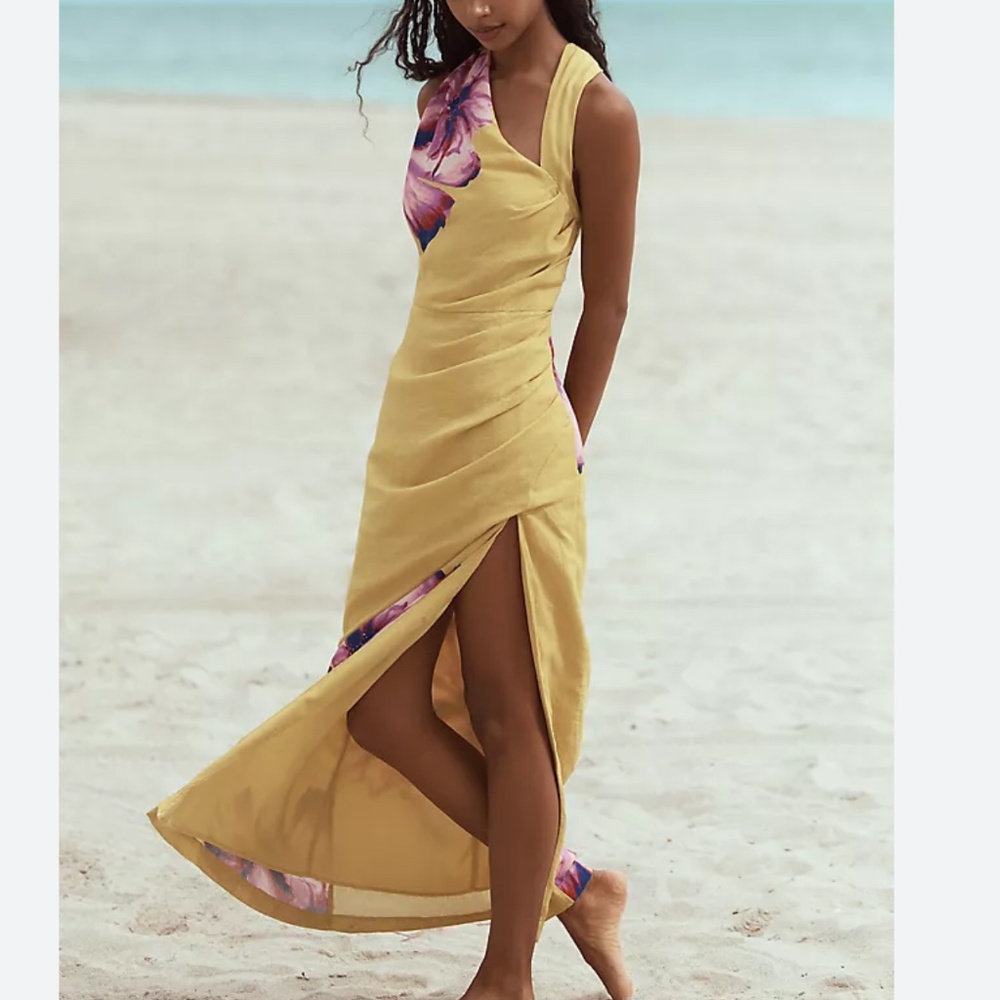 NWT By Anthropologie Asymmetrical Linen Maxi Dress Floral S New!